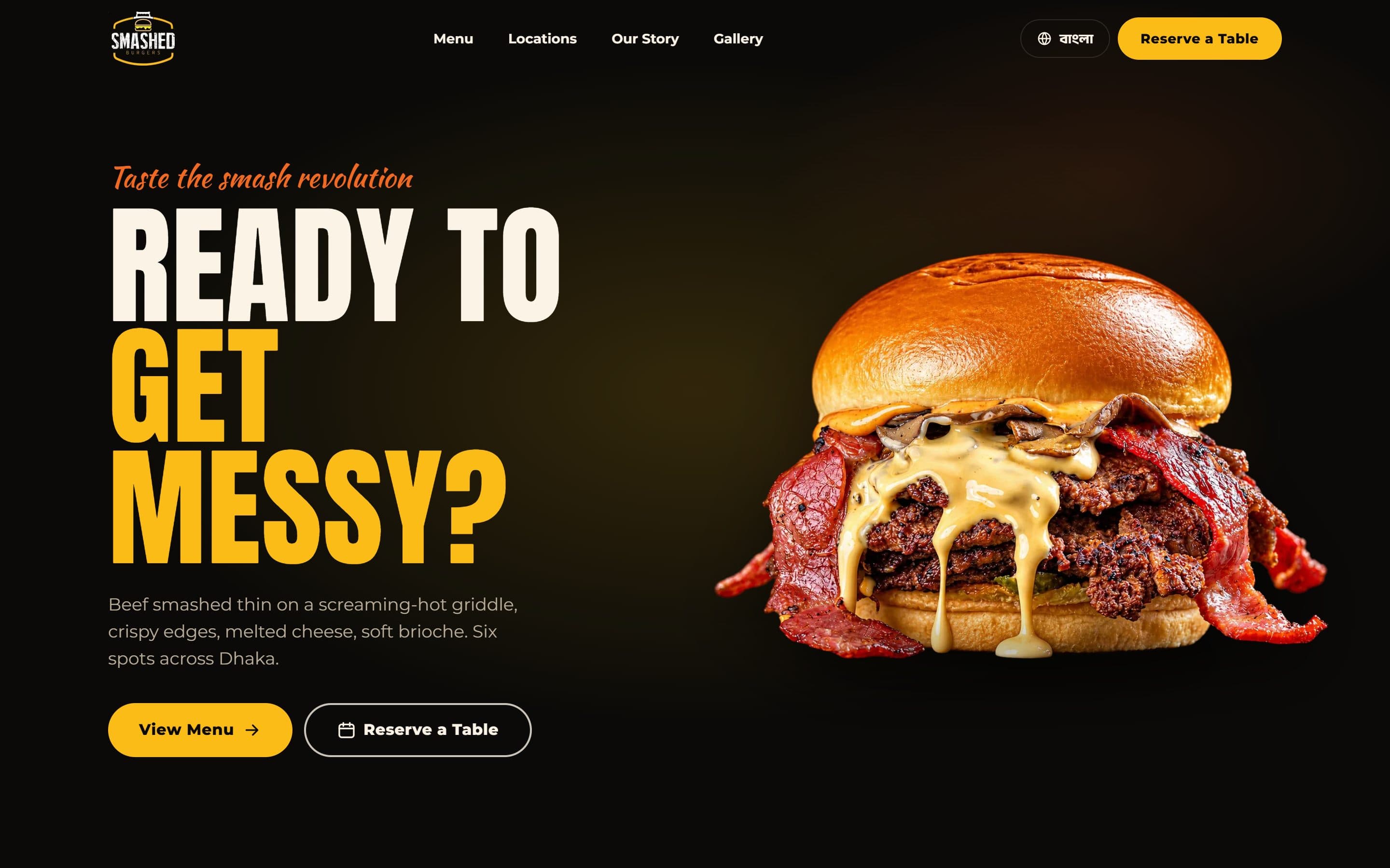 Smashed Burgers homepage: a dripping double smash burger next to the headline Ready to get messy?