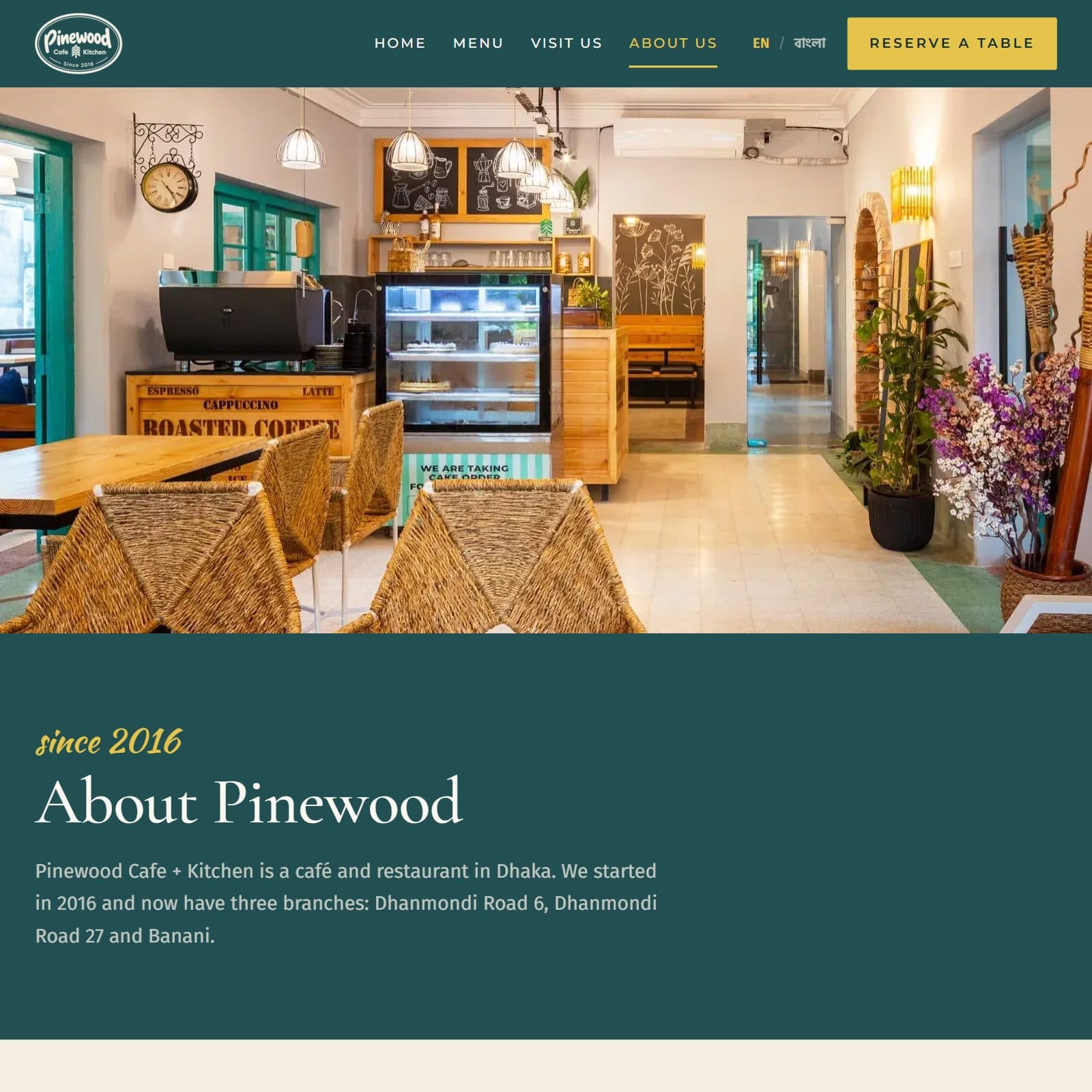 About page: the Pinewood dining room with a coffee counter and cake display