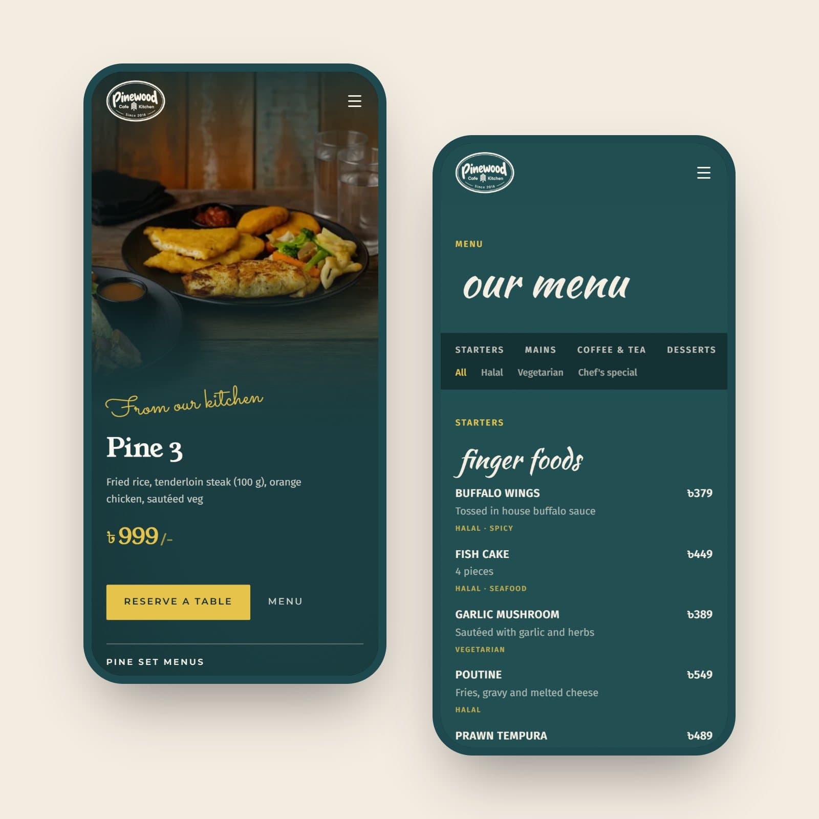 Two phones showing the Pinewood homepage and the menu with dietary filters