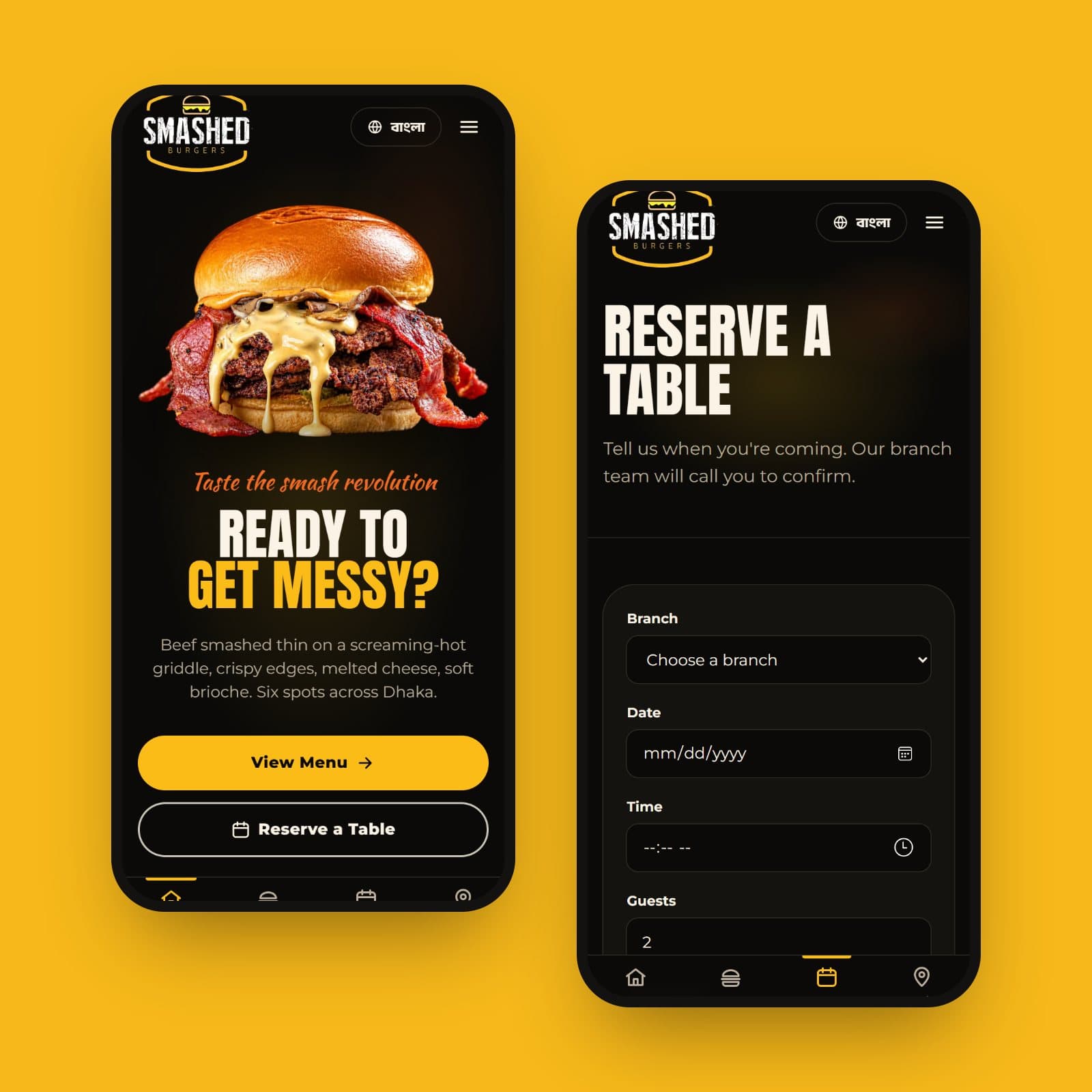 Two phones showing the Smashed Burgers homepage and the reservation form